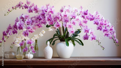 Classic still life with purple and white orchids in a round white vase on a wooden table. Home decoration with flowers. Symbol of spring freshness and mood