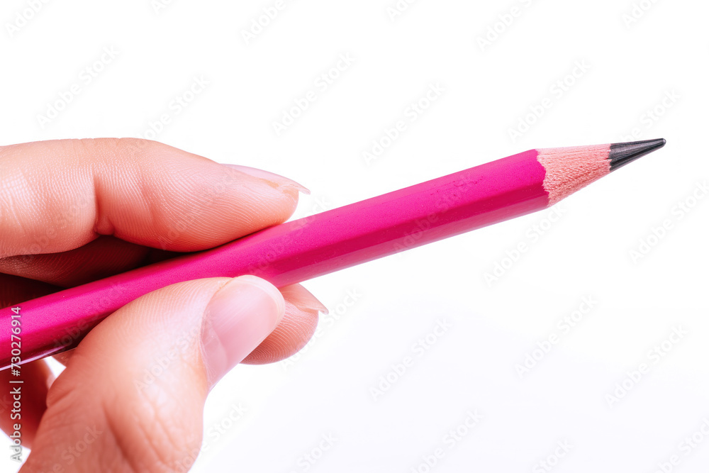 Hand holding a pink pencil, business economy financial concept Hand holding a pink pencil, business economy financial concept