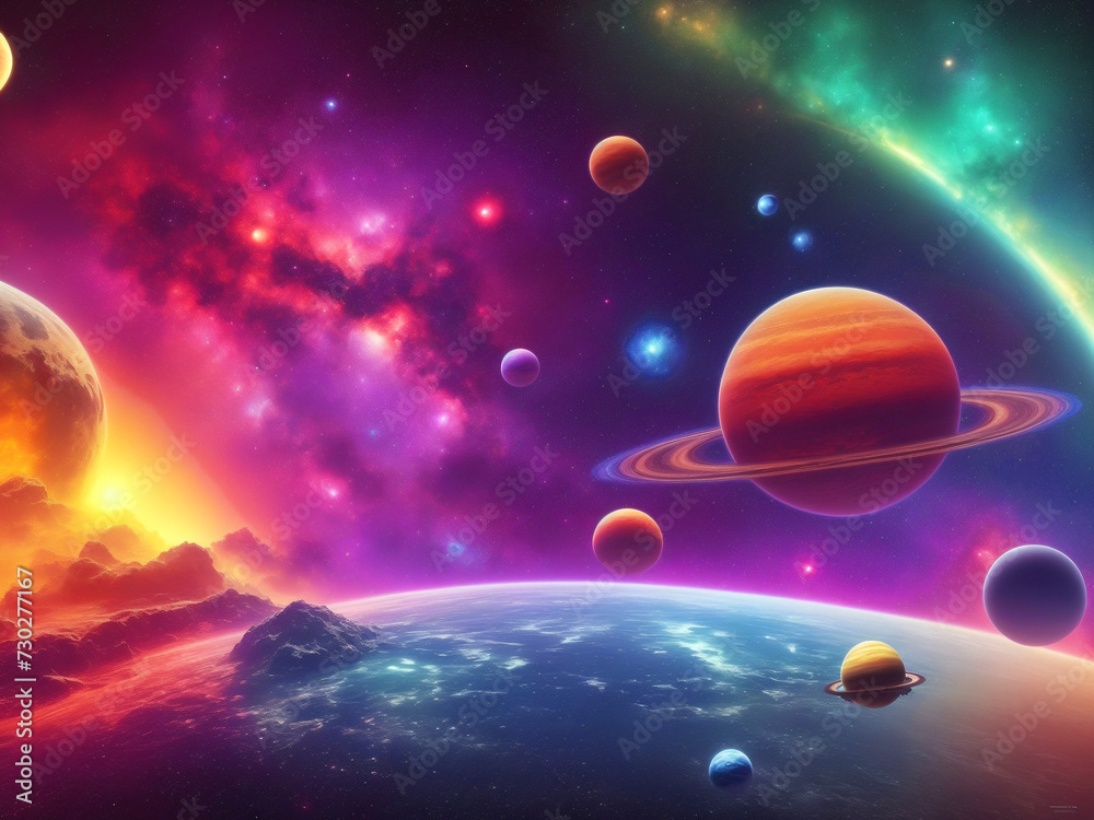 Vibrant colorful cosmic scene with planets and nebulae .