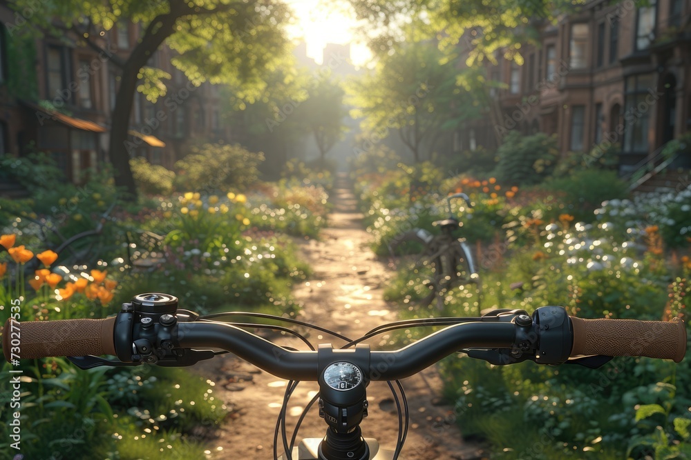 Fototapeta premium a bike view of spring road in the sunlight professional photography