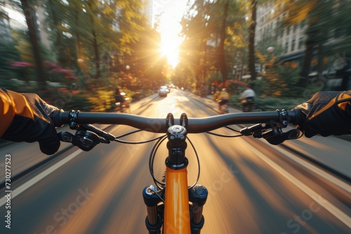 a bike view of spring road in the sunlight professional photography