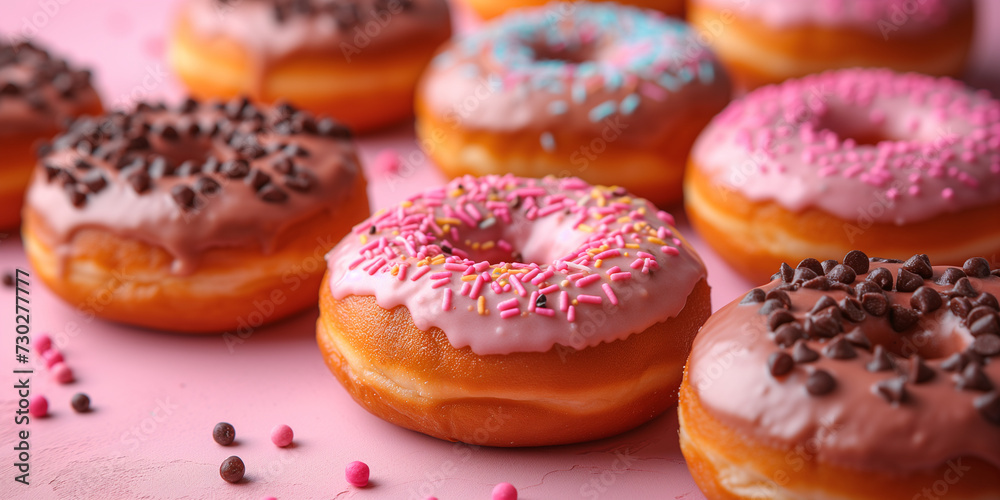 Viele Bunte Donut mit feiner Glasur schön dekoriert mit Streussel Nahaufnahme, ai generativ