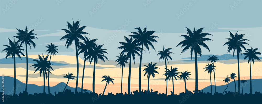 Beautiful panoramic landscape of silhouettes of palm trees and mountains against the backdrop of an amazing sunset with clouds. Paradise sunset. Vector illustration for poster, banner, card, print.
