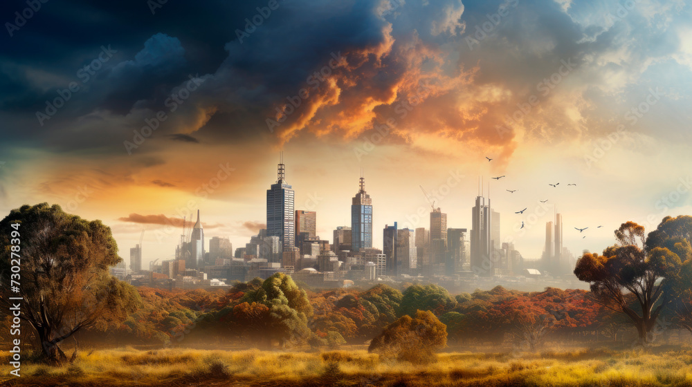 Fototapeta premium Futuristic cityscape with skyscrapers and greenery with trees against a cloudy sky, depicting an advanced civilization. Future concepts, sci-fi and extraterrestrial possibilities