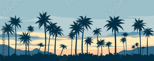 Beautiful panoramic landscape of silhouettes of palm trees and mountains against the backdrop of an amazing sunset with clouds. Paradise sunset. Vector illustration for poster, banner, card, print.