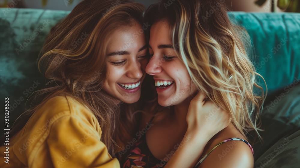 Young happy lesbian couple having fun and hugging on couch in living room or apartment with love Young happy lesbian couple having fun and hugging on couch in living room or apartment with love