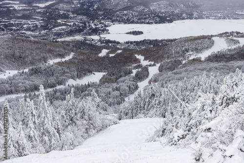 Winter Wonderland at Mont Tremblant: Aerial View of Snow-Covered Pines and Ski Slopes in Quebec, Canada