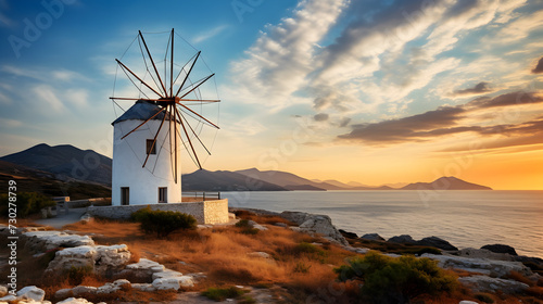 Mykonos greece traditional windmills the symbol of mykonos during sunset landscape during sunset sea shore and beach photo for travel and vacation,, Mykonos Windmills, Symbol of Greece, Beach Landsca 