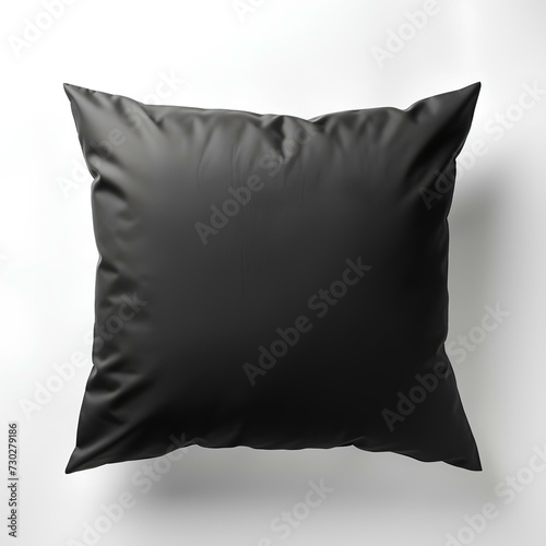 Black pillow isolated on white background with shadow. black cushion top view. Pillow flat lay. Satin pillow. Silk covered cushion isolated