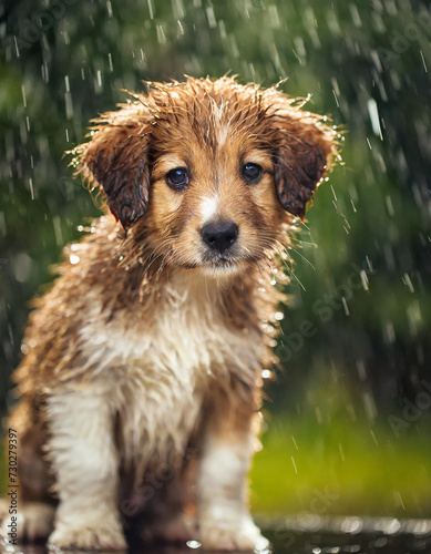 A homeless puppy in the rain on a rainy day. Sad puppy abandoned on the street