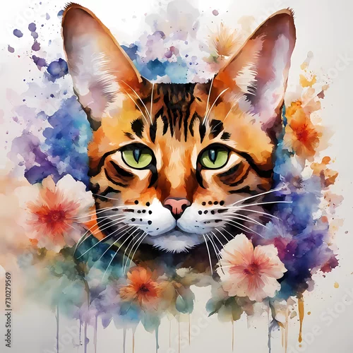 Fototapeta Watercolor illustration of bengal cat with a flower