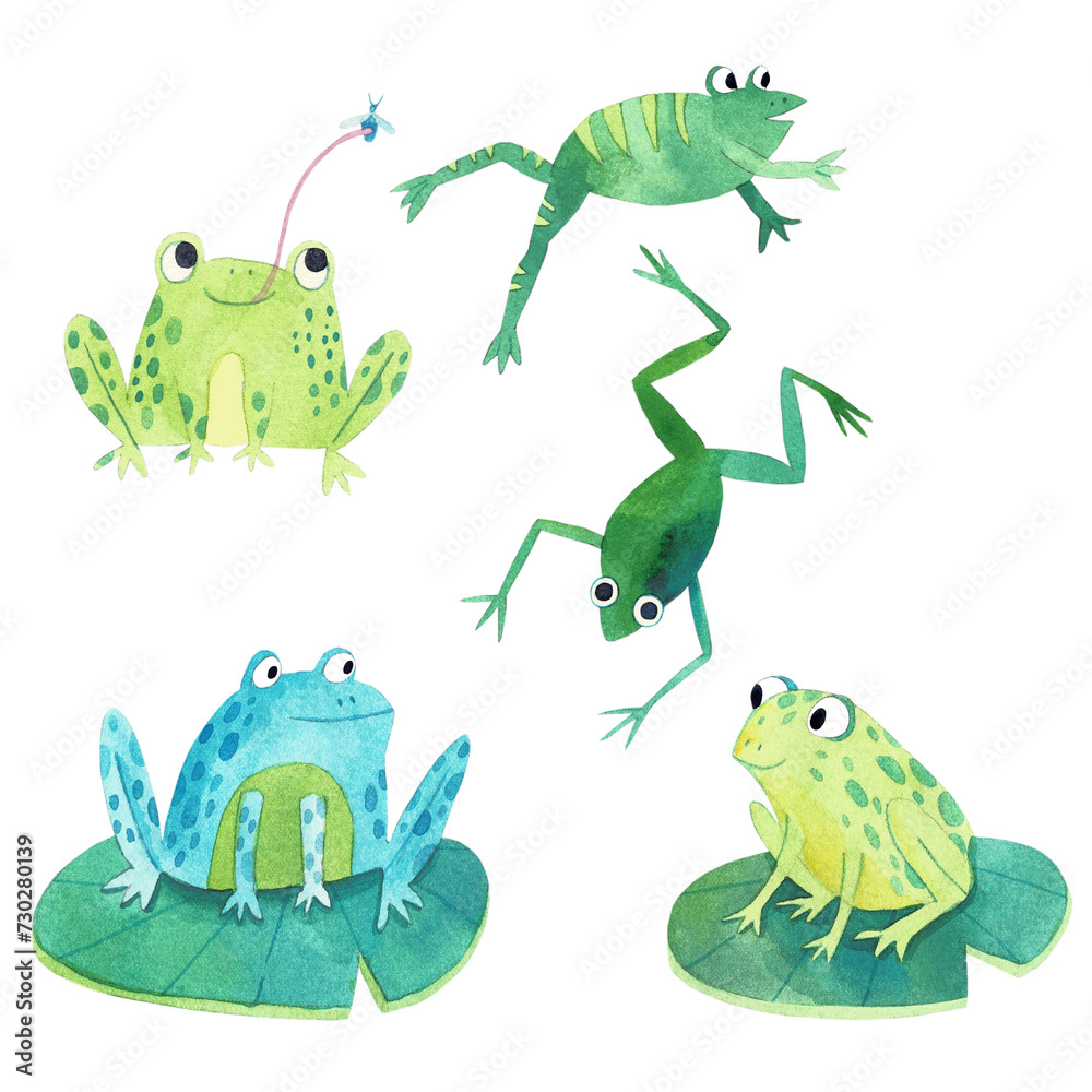 Naklejka premium Set of cute watercolor frogs, in cartoon style