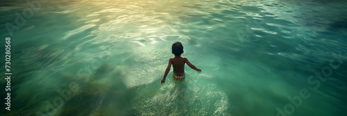 Child wading into shimmering aqua waters under a golden light, with a sense of adventure and freedom.