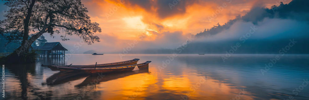 Traditional wooden boats on a misty lake with a fiery sunrise and lush hills in the background.