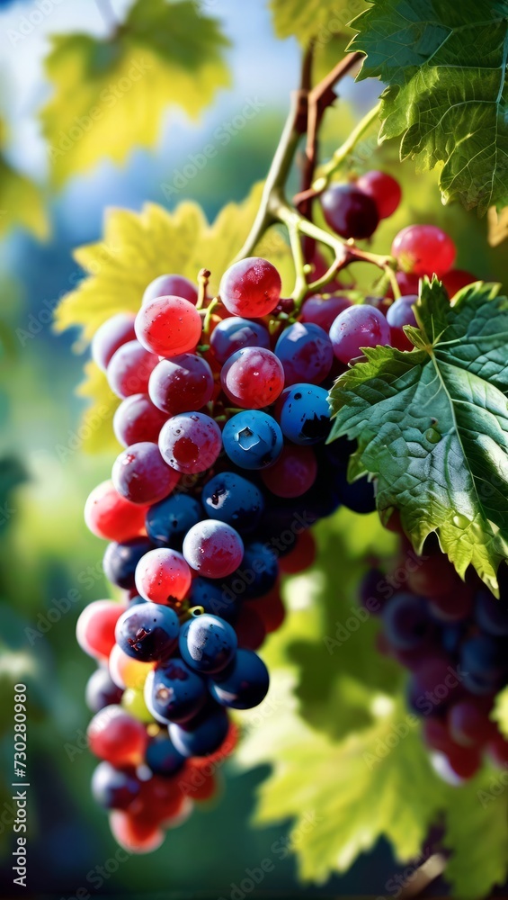 A close-up view showcasing a vibrant bunch of multi-colored grapes, indicating peak ripeness in a sunny vineyard.