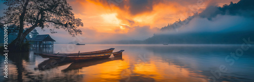 Traditional wooden boats on a misty lake with a fiery sunrise and lush hills in the background.