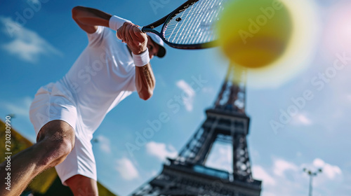 A male tennis player serves tennis ball, against the soft background of the Eiffel Tower, Summer Olympics in Paris