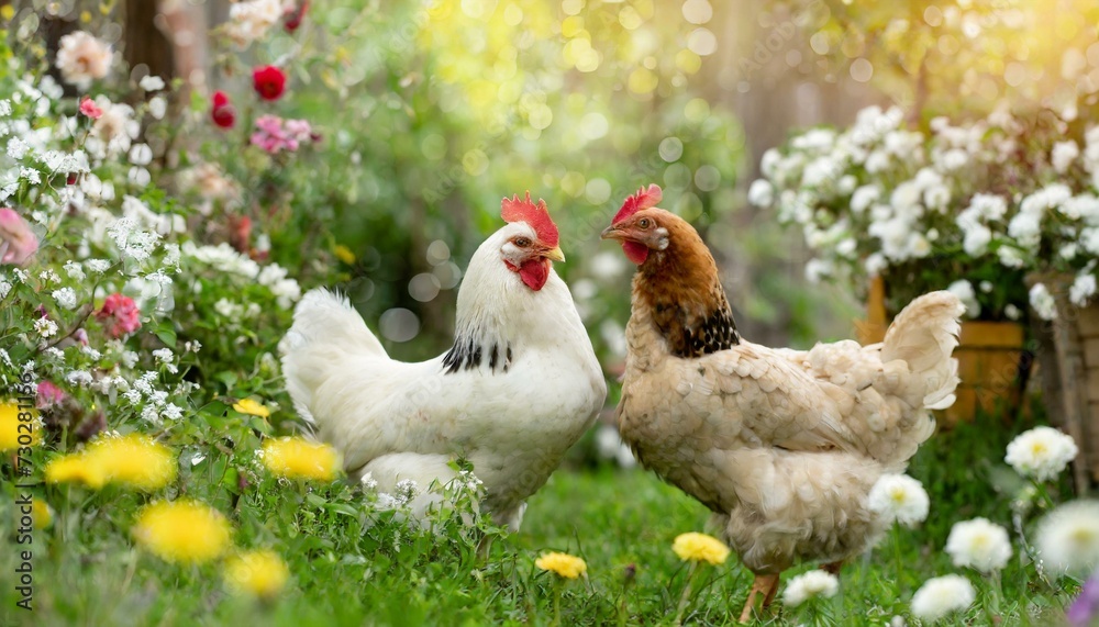 Fototapeta premium Rooster and hen on green grass in a flower garden