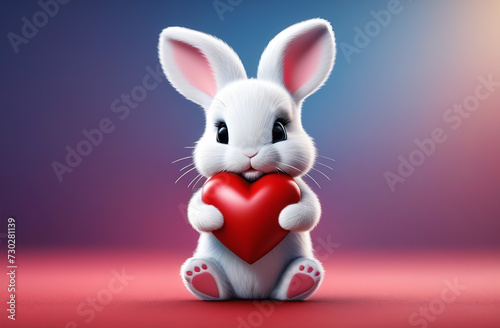 Beutiful small and cute banny holding a heart. Love. Valantine Day.