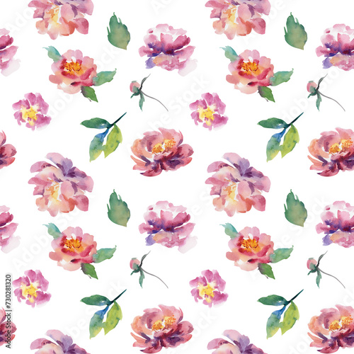 Watercolor flowers on an isolated background. Seamless pattern. Collage. Handmade work. Colorful illustration. Peach fuzz wedding. Anemones, peonies, roses, hollyhocks, gerbera, cynia.
