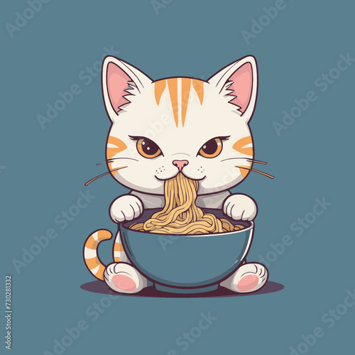Cute cat eating ramen noodle simple cartoon vector illustration animal food icon