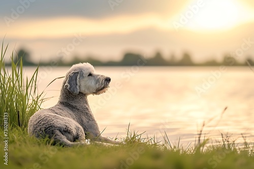 Bedlington Terrier dog laying in the grass at the water's edge, in the style of bokeh panorama, richly colored skies