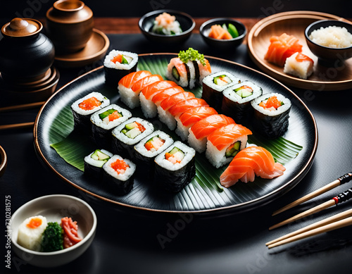 Sushi and unagi maki rolls set in Asiatic restaurant