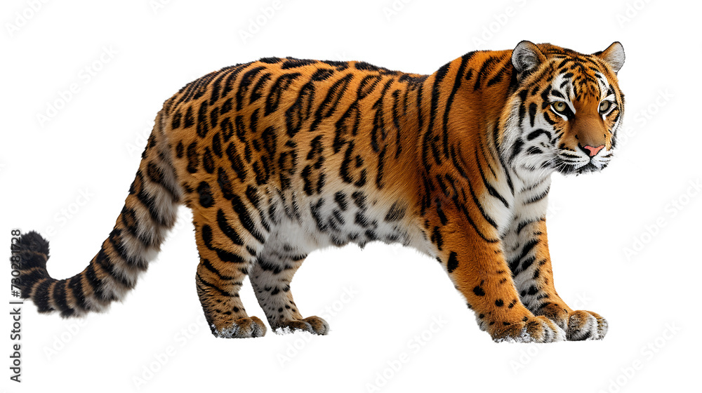 Majestic Tiger Walking Across a White Background