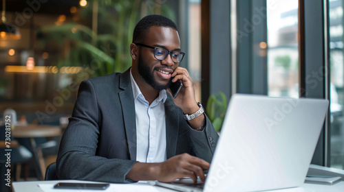 Phone call, laptop and talking black business man, bank consultant or advisor feedback on research report, project or data. Smartphone chat, administration and corporate consulting on online account