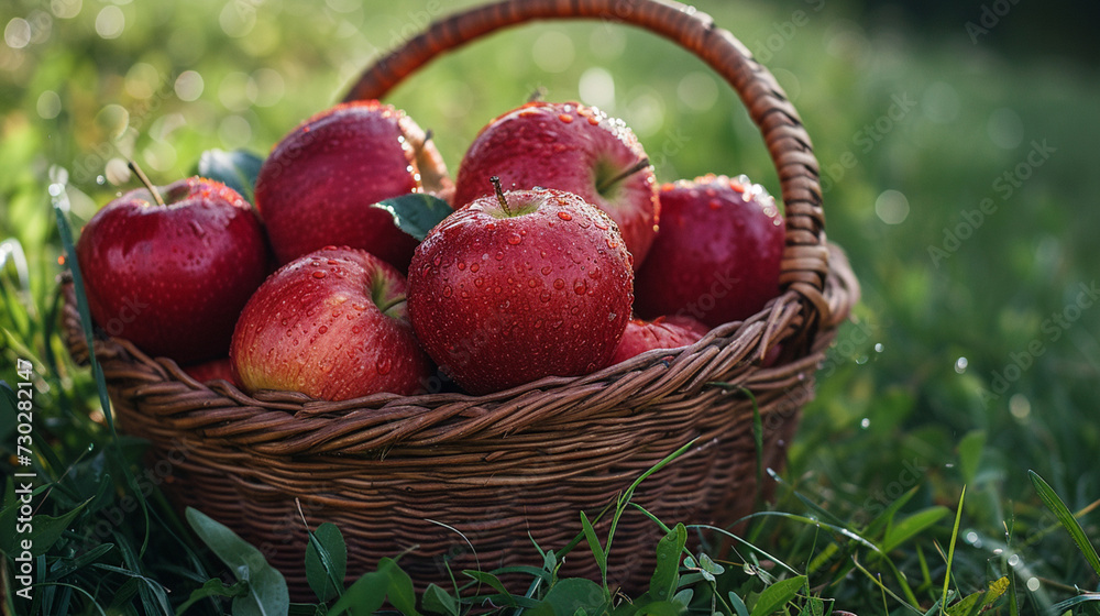 A basket of apples in the grass A basket of apples in the grass