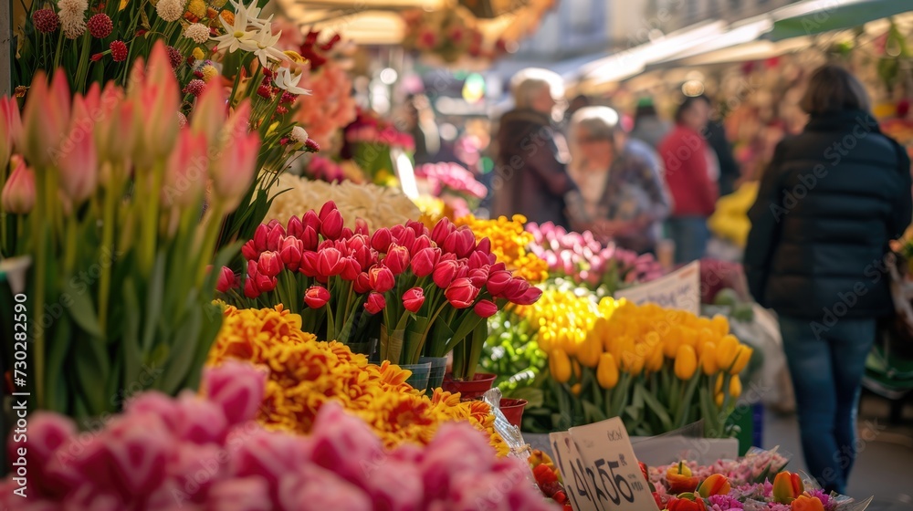 A bustling flower market scene featuring an array of colorful tulips and various spring flowers, with shoppers in the background. Resplendent.