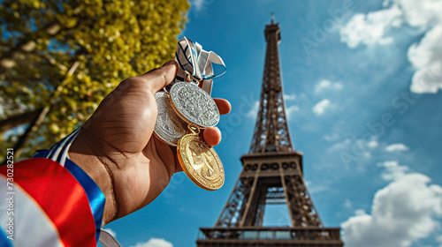 The athlete's hand holds gold, silver and bronze medals, against background of Eiffel Tower, Summer Olympics 