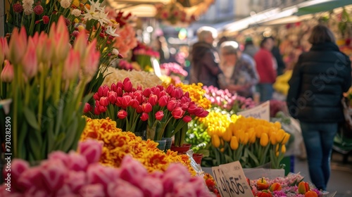 A bustling flower market scene featuring an array of colorful tulips and various spring flowers, with shoppers in the background. Resplendent.