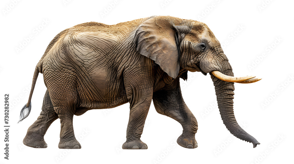 Majestic Elephant With Tusks Walking on White Background
