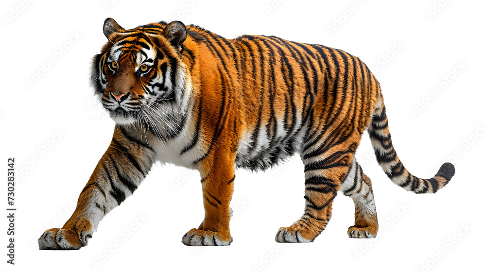 Majestic Tiger Walking Across White Background