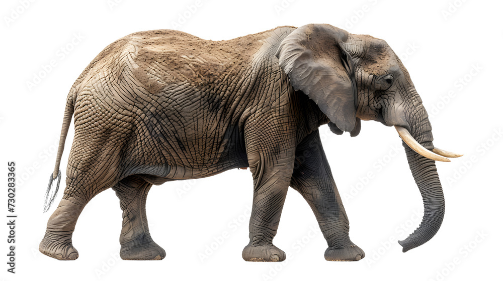 Majestic Elephant With Tusks Walking on White Background