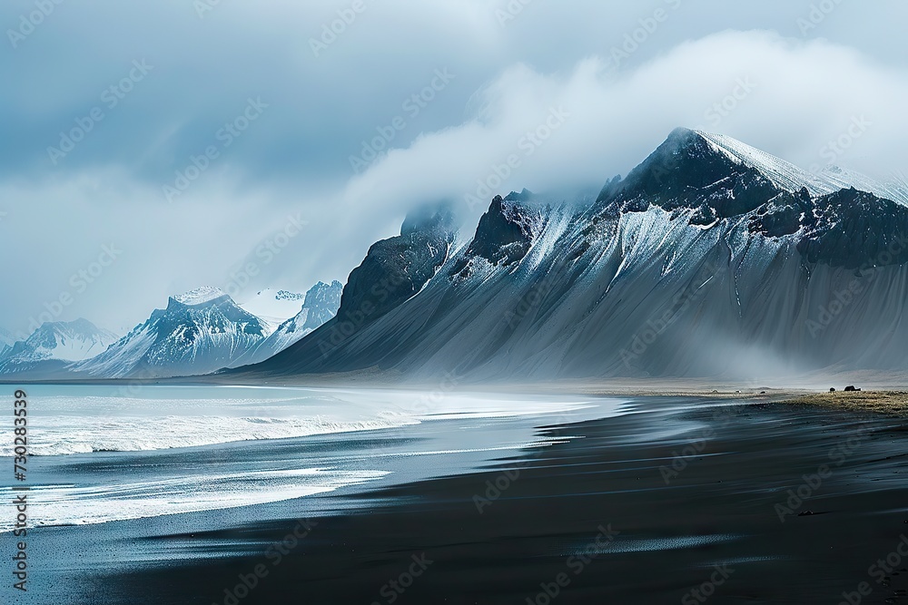 Fototapeta premium incredible views of the mountains from a black beach in Iceland