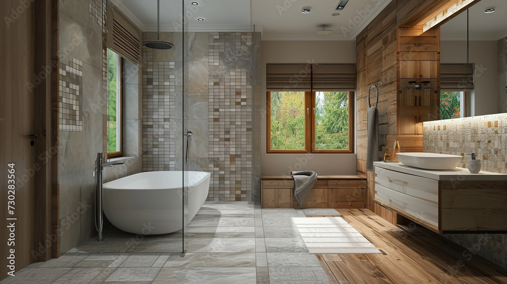 Fototapeta premium A bright and spacious bathroom with free-standing bath, set against backdrop of wood accents on walls. Interior design