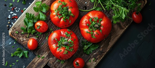Decorated red peppers and tomatoes with coriander. photo