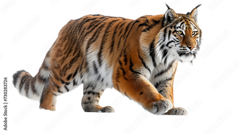 Majestic Tiger Walking Across White Background