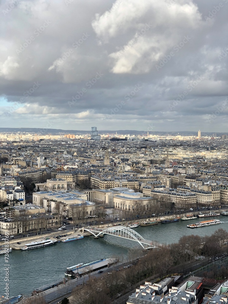 Paris, France - January 30, 2020. Skyline of Paris with la Defense is a major business district in Paris, France