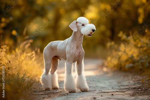 A Bedlington Terrier dog standing on a green grass, in the style of graceful movement, candid celebrity shots