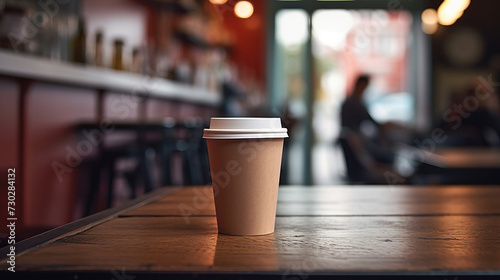 Paper cup of coffee on a wooden table in a coffee shop. Space for text and design.