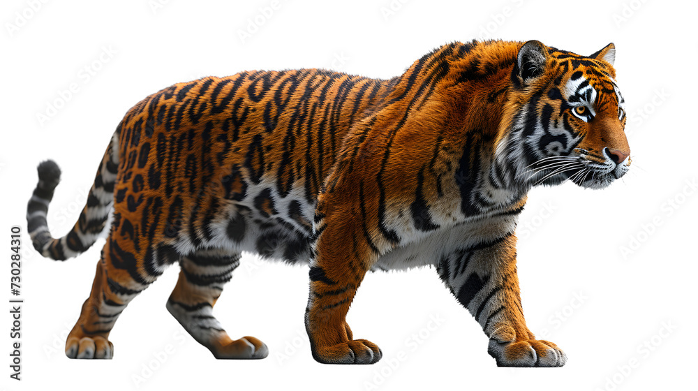 Large Tiger Walking Across White Background