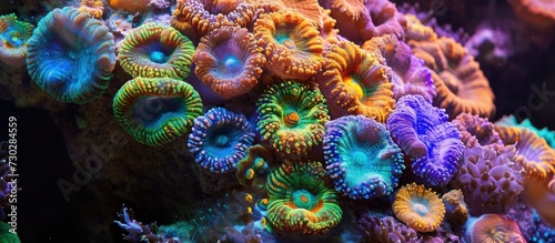 Rainbow acanthastrea with moon-like craters displaying various colors.