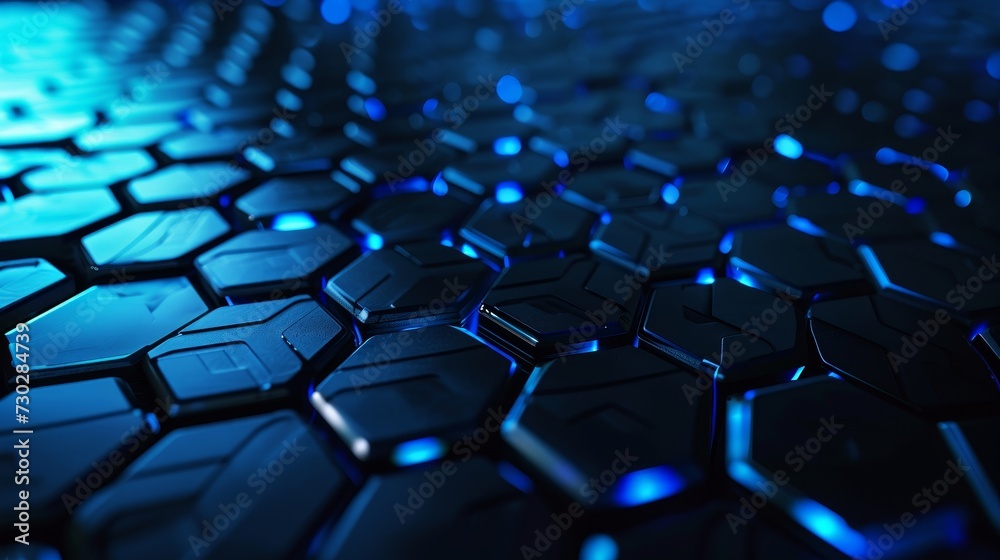 Close-up view of hexagonal pattern with blue neon lighting, giving a futuristic technology texture. Close-up view of hexagonal pattern with blue neon lighting, giving a futuristic technology texture.