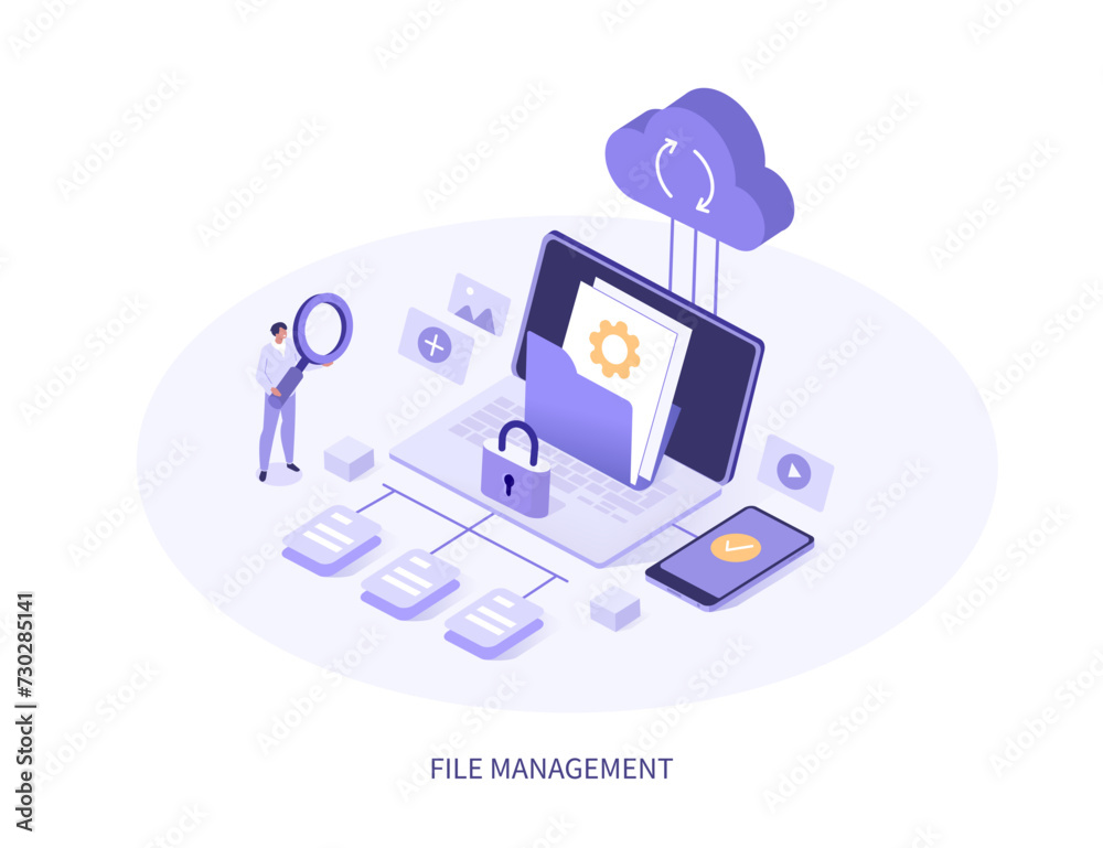 File management concept. Character search, share and secure transfer documents, folders and other data from devices in cloud database storage. Isometric vector illustration. File management concept. Character search, share and secure transfer documents, folders and other data from devices in cloud database storage. Isometric vector illustration.