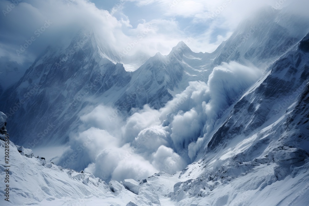 Snowy Massive avalanche mountains. Nature ice hiking. Generate Ai