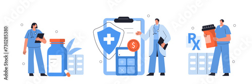 Health insurance concept. Doctor and nurses offering medical insurance policy contract and prescription. Medicine and healthcare. Flat vector illustration isolated on white background.