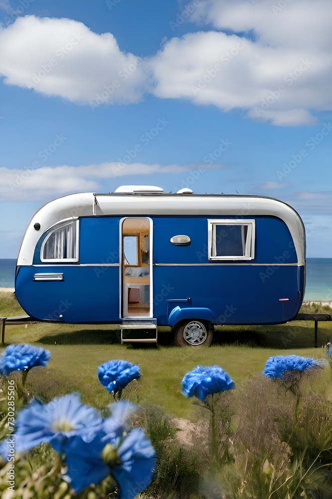 Caravan on the beach with blue flowers and blue sky with clouds